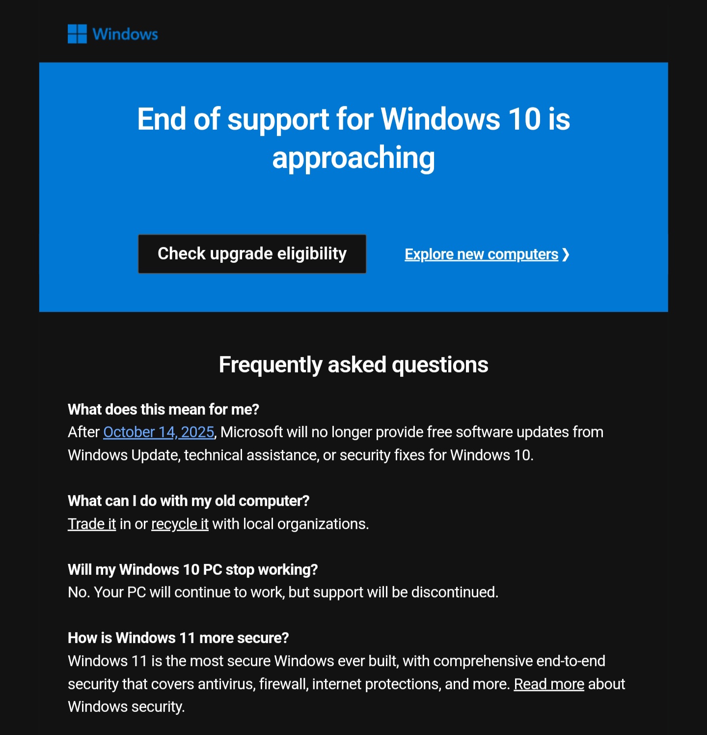 Graphic explaining the end of support for Windows 10.